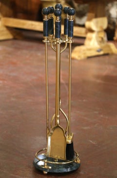 Mid-Century French Brass and Green Marble Five-Piece Fireplace Tool Set