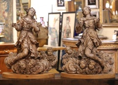 Pair 18th Century Italian Baroque Carved Painted Wood Adoring Angel Sculptures