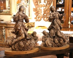 Pair 18th Century Italian Baroque Carved Painted Wood Adoring Angel Sculptures