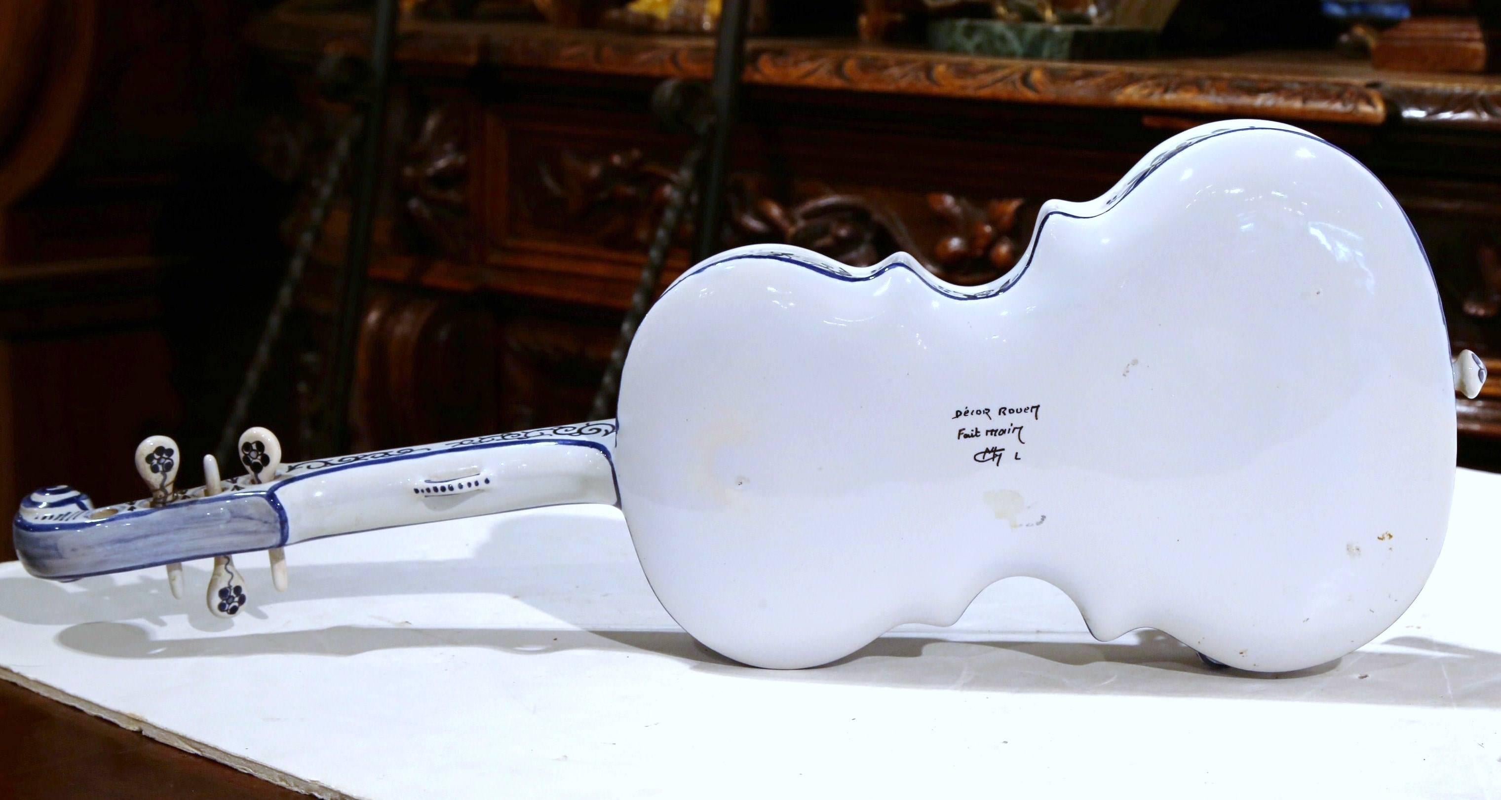 Early 20th Century, French Hand Painted Blue and White Faience Miniature Violin 2
