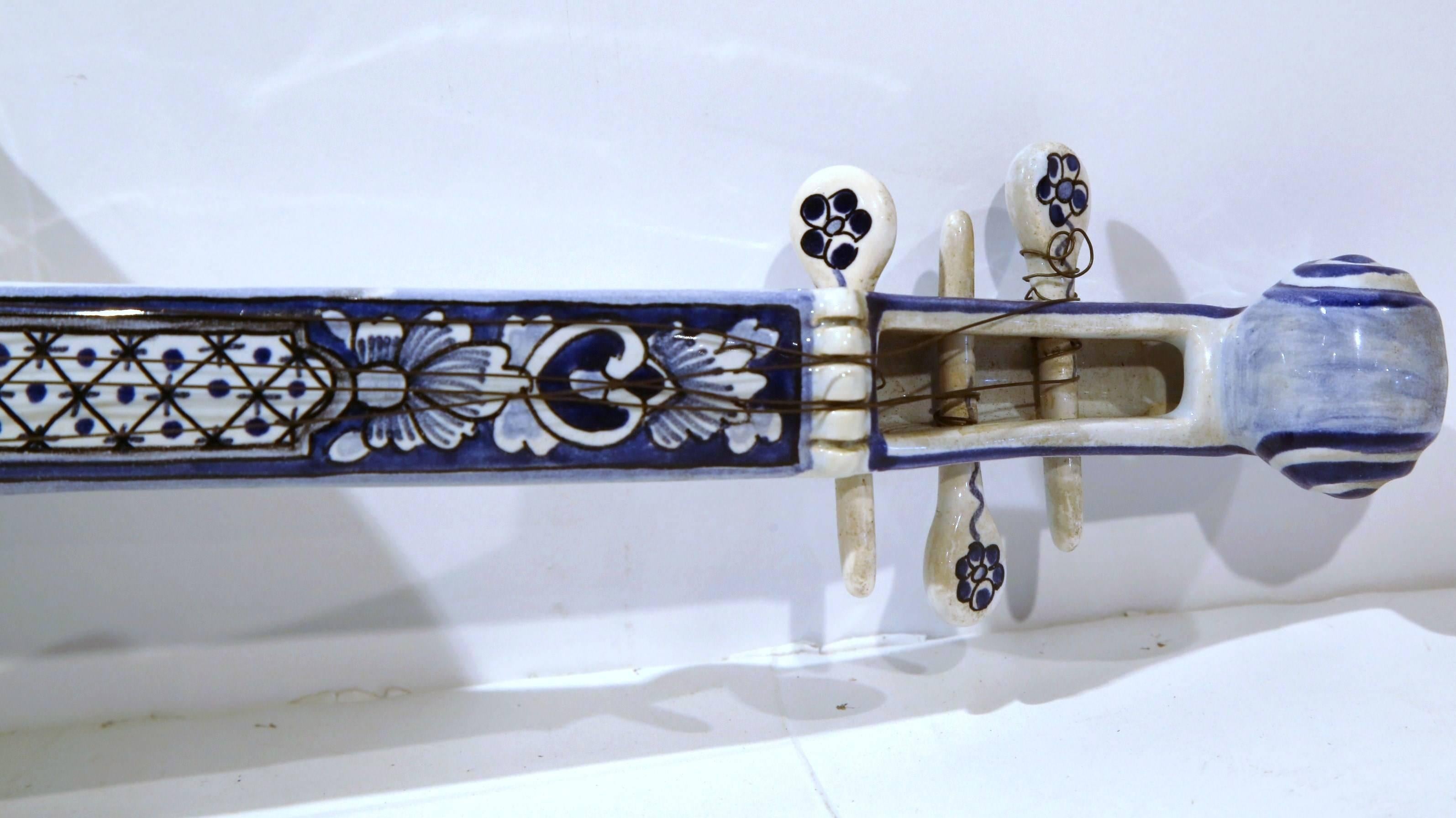 Early 20th Century, French Hand Painted Blue and White Faience Miniature Violin 1