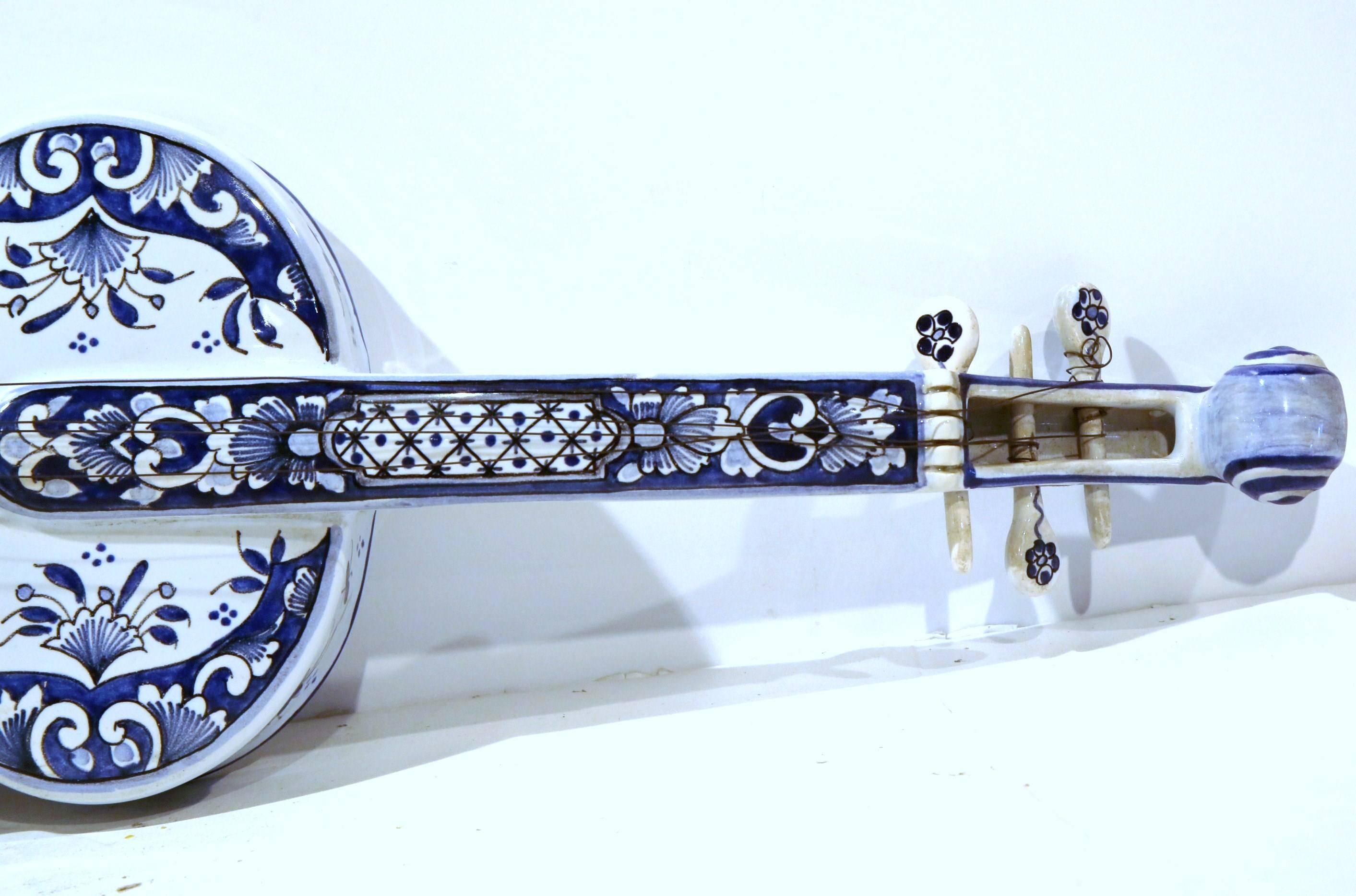 Early 20th Century, French Hand Painted Blue and White Faience Miniature Violin In Excellent Condition In Dallas, TX