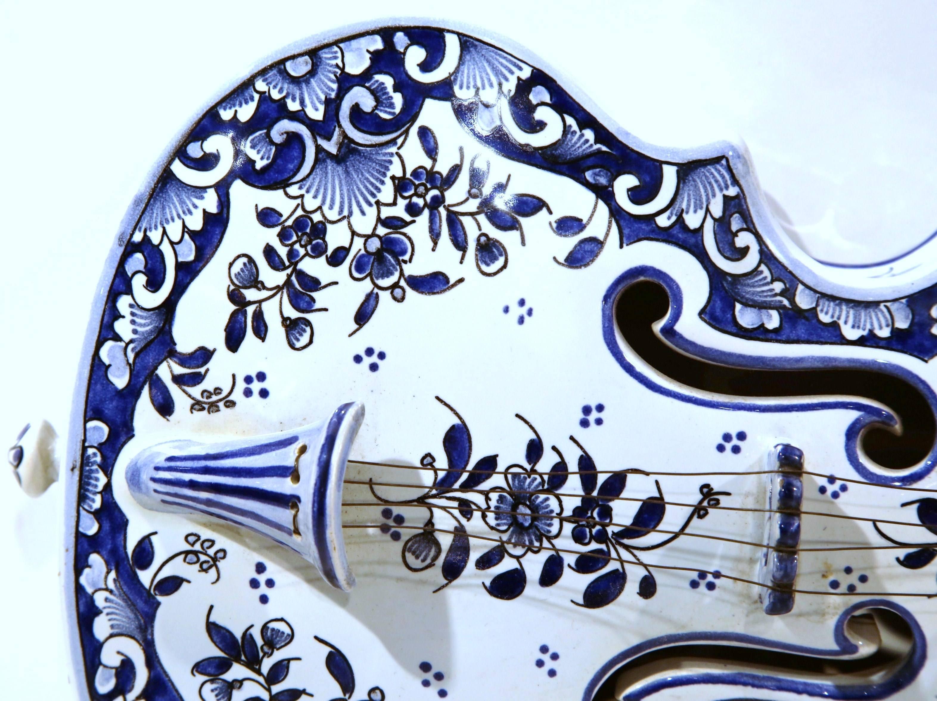 Hand-Painted Early 20th Century, French Hand Painted Blue and White Faience Miniature Violin
