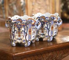 Pair 19th Century French Rouen Faience Cachepots with Applied Masks