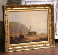 Mid-19th Century English Coastal Fishing Scene Oil Painting in Giltwood Frame