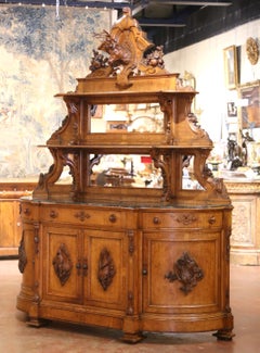 19th Century French Saint Hubert Carved Oak Hunt Buffet with Marble Top