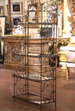 Mid-Century French Wrought Iron Four-Tier Baker's Rack with Brass Accents