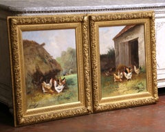 Pair 19th Century French Barnyard Oil Paintings Signed Charles Maréchal