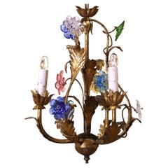 Early 20th Century French Gilt Tole Three-Light Chandelier with Glass Flowers