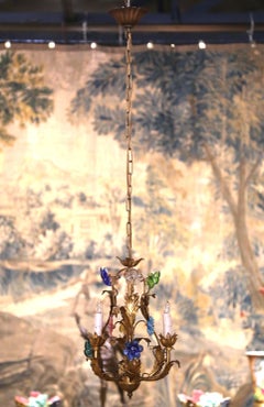 Early 20th Century French Gilt Tole Three-Light Chandelier with Glass Flowers