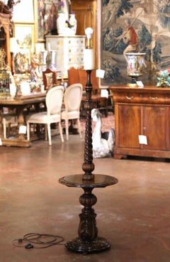 Early 20th Century French Louis XIII Walnut Barley Twist Floor Lamp with Table