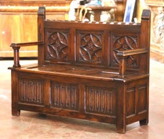 Early 20th Century French Gothic Revival Carved Oak Hall Bench with Storage