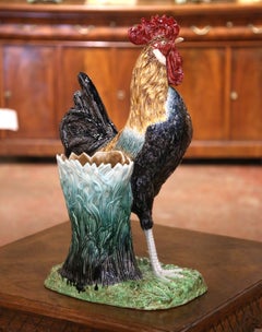 19th Century French Barbotine Rooster Vase in the Manner of Carrier-Belleuse