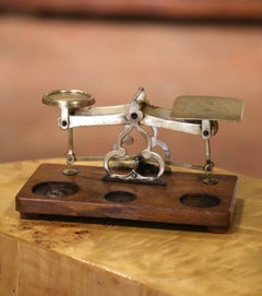 Early 20th Century English Brass Postal Scale with Weights on Oak Base