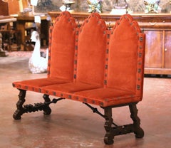 19th Century Spanish Renaissance Walnut and Velvet Three-Seat Bench