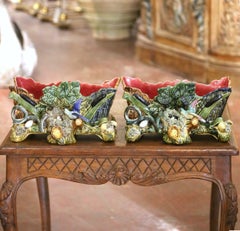 Pair 19th Century French Palissy-Style Barbotine Majolica Bird Jardinières