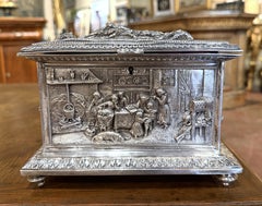 19th Century French Silvered Repoussé Jewelry Casket with Figural Scenes