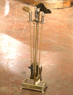 Mid-Century English Brass Golf-Themed Fireplace Serviteur Tool Set