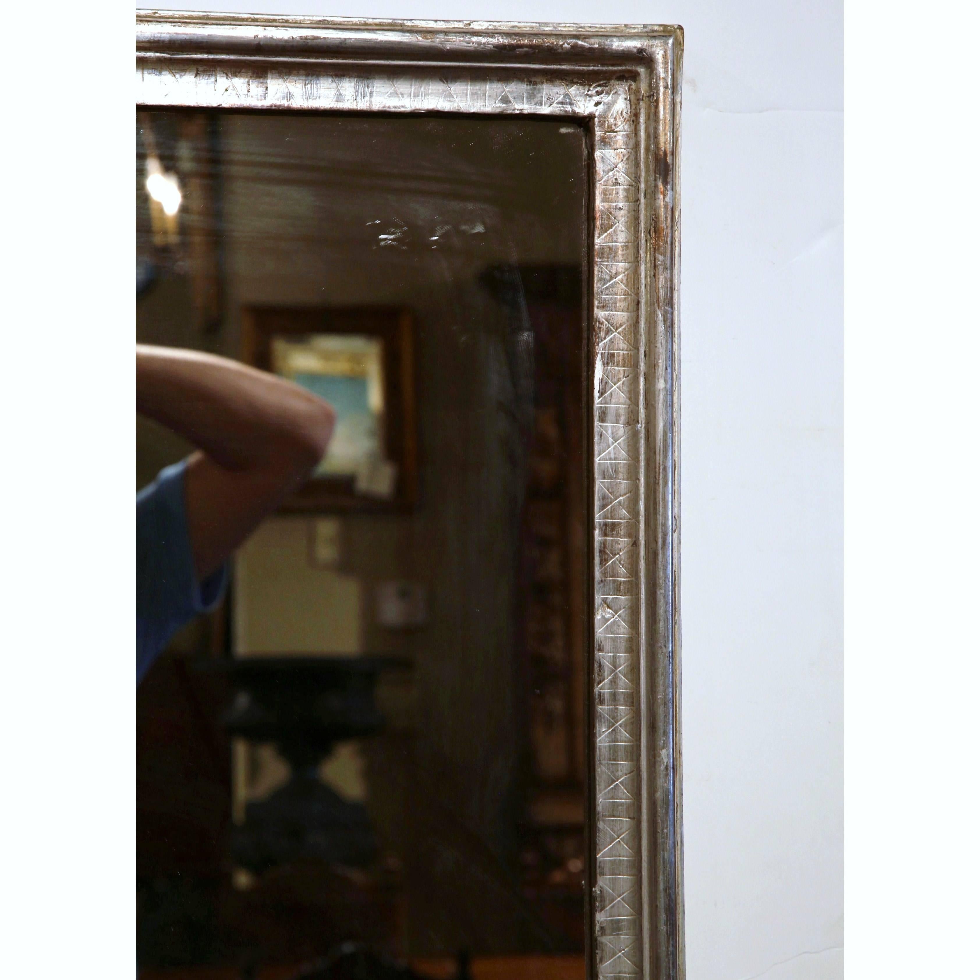 Large 19th Century French Louis XVI Rectangular Silver Leaf Wall Mirror In Excellent Condition In Dallas, TX