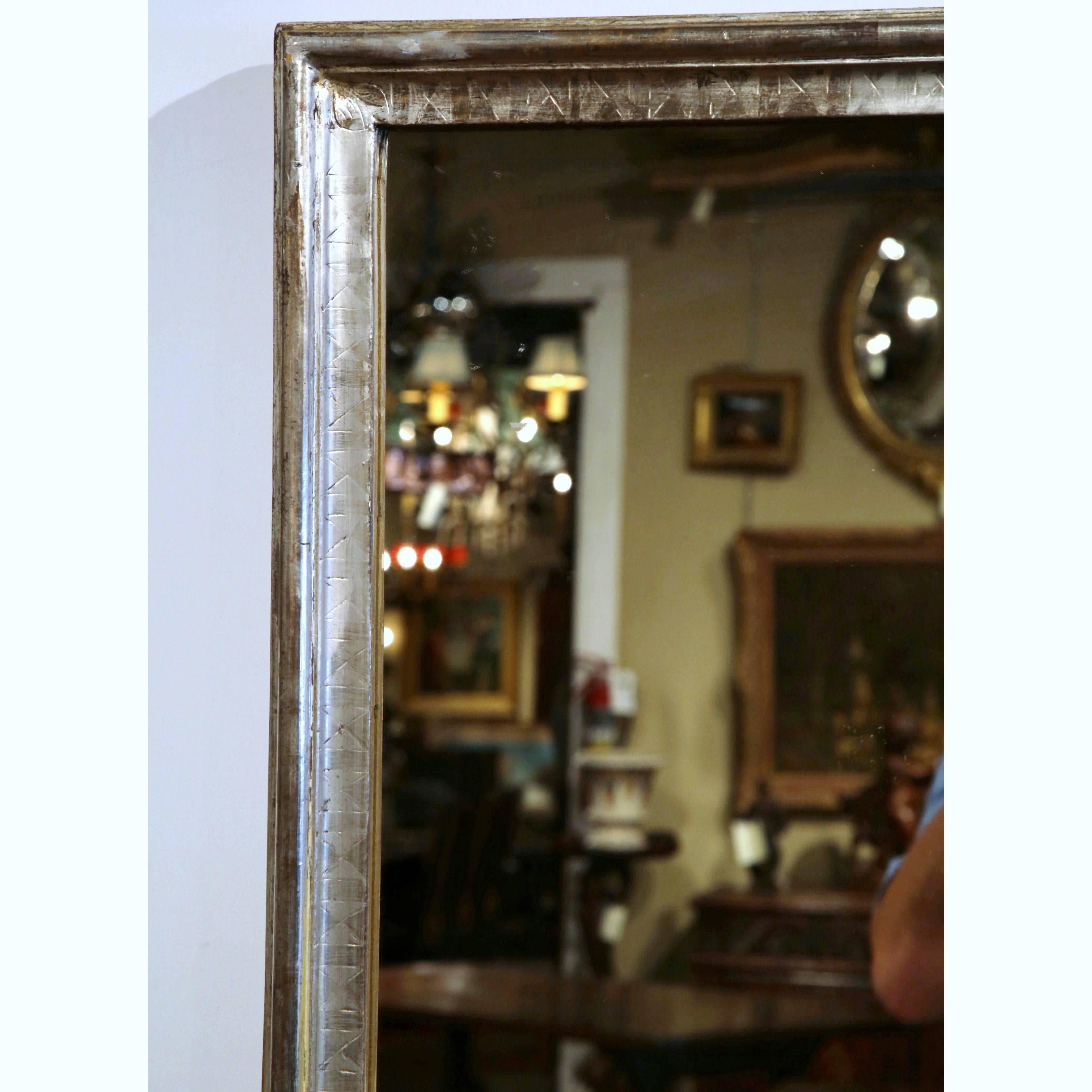 Hand-Carved Large 19th Century French Louis XVI Rectangular Silver Leaf Wall Mirror
