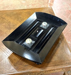 French Art Deco Black Lacquered Wood Desk Set with Glass Inkwells