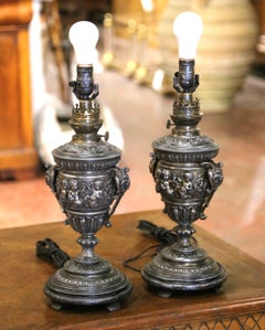 Pair 19th Century French Polished Spelter Urn Table Lamps with Cherubs