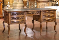 19th Century French Louis XV Carved Walnut Leather Top Desk from Provence