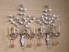 Pair Mid-Century French Rock Crystal and Rose Quartz Two-Light Wall Sconces