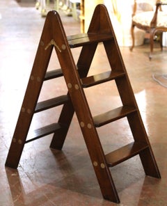 Vintage English Walnut Four-Step Library Ladder with Brass Accents