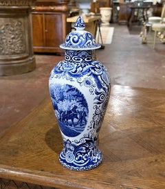Mid-Century Dutch Delft Blue and White Lidded Ceramic Vase by Maastricht