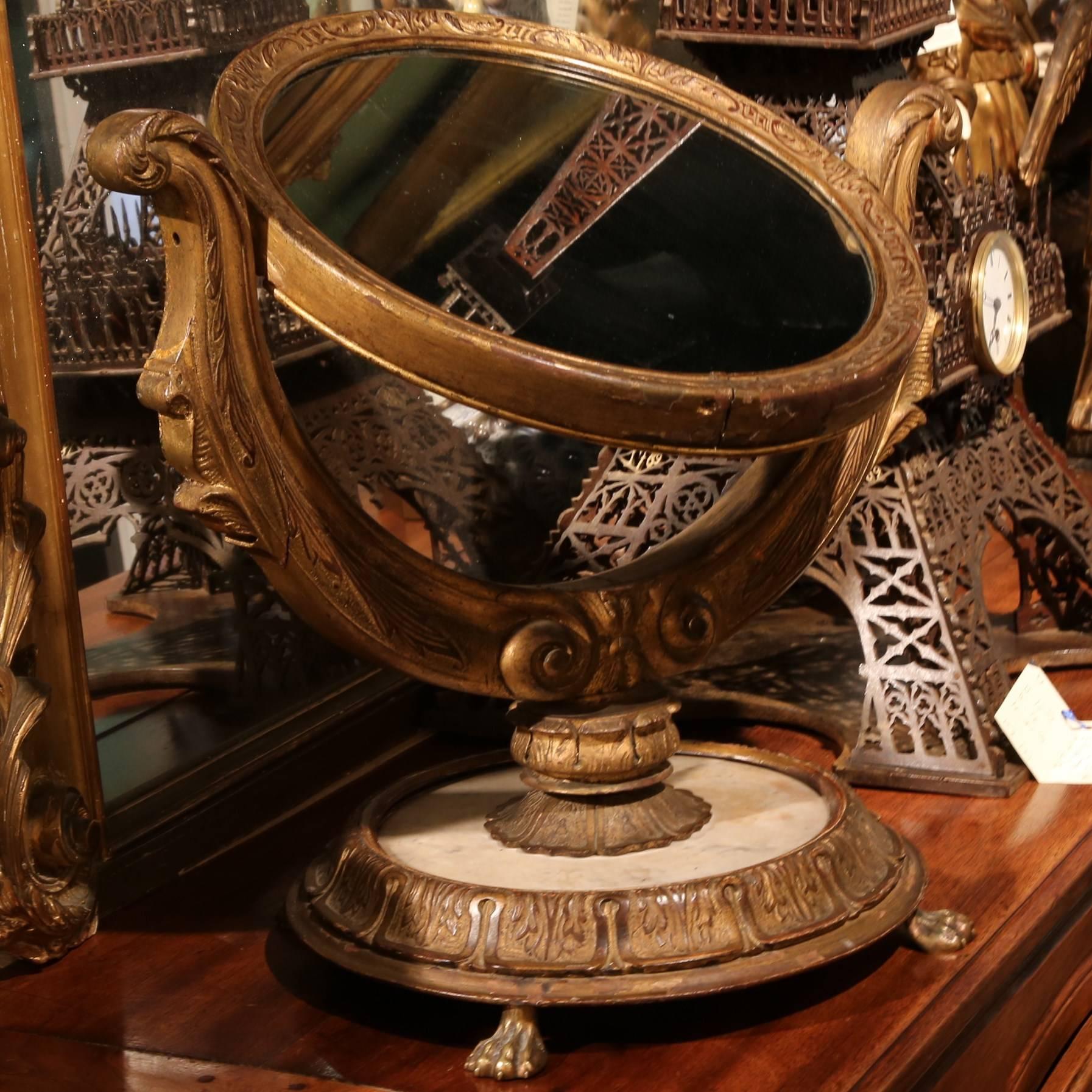 19th Century, French Empire Swivel and Tilt Makeup Mirror on Round Marble Base 1