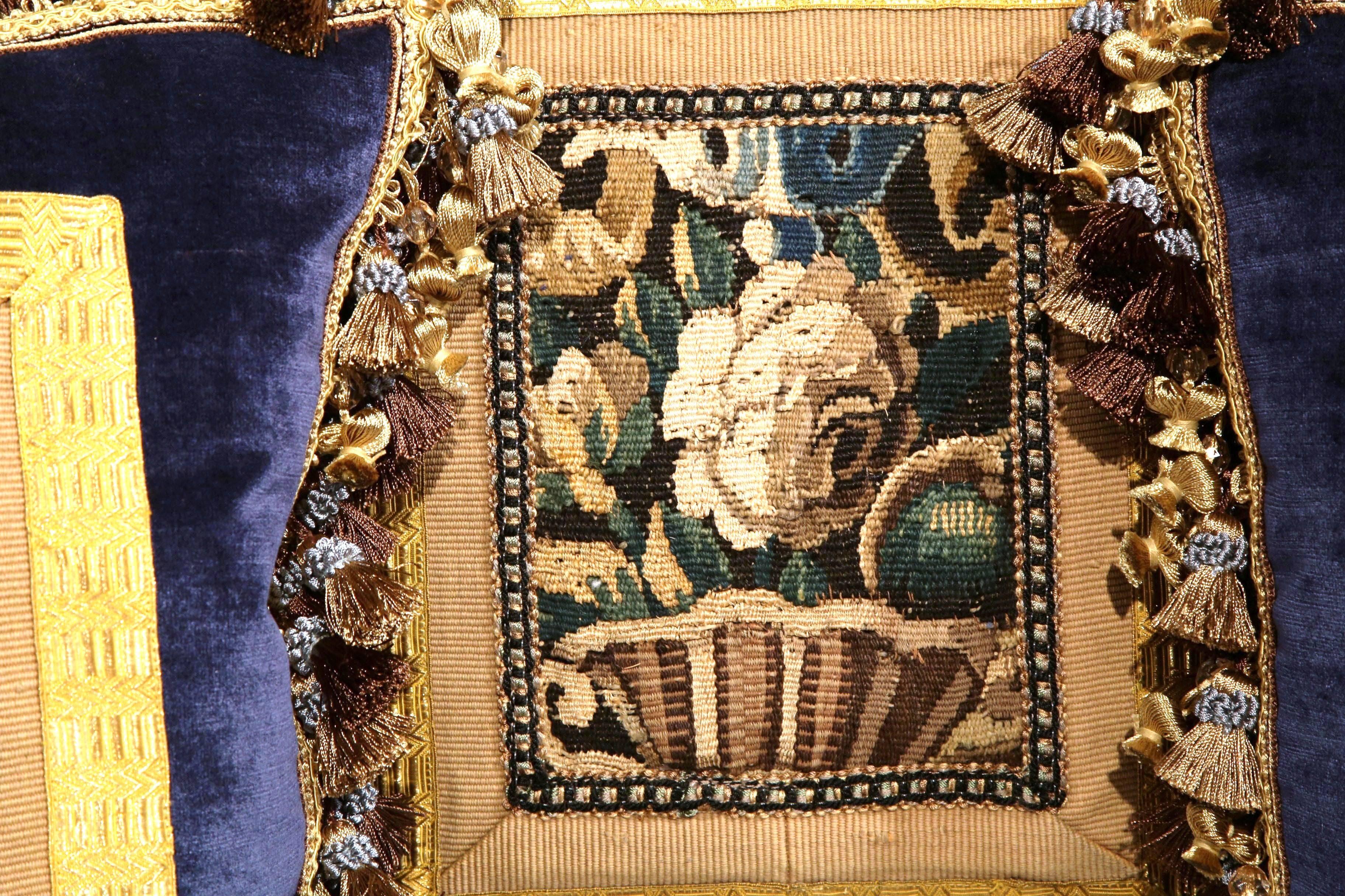 18th Century Set of Three Handmade Pillows with Aubusson Tapestry and Antique Trims