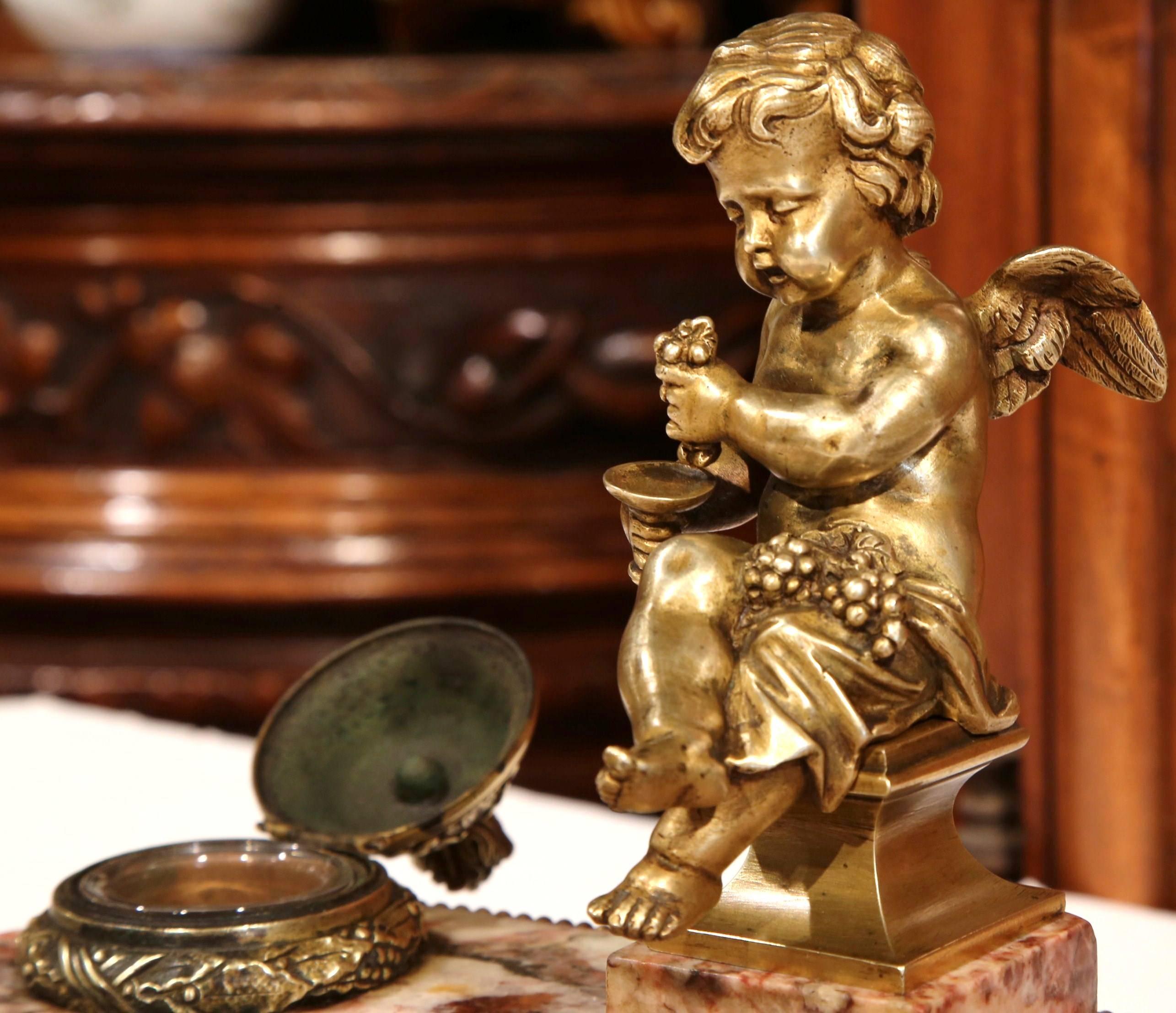 Hand-Carved 19th Century French Louis XVI Bronze and Marble Inkwell with Cherub