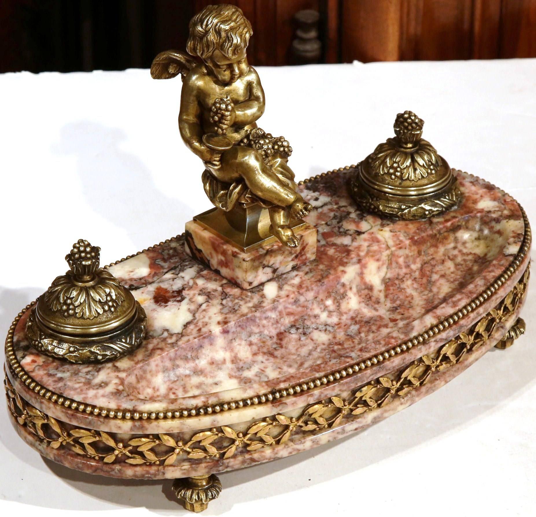 19th Century French Louis XVI Bronze and Marble Inkwell with Cherub 2