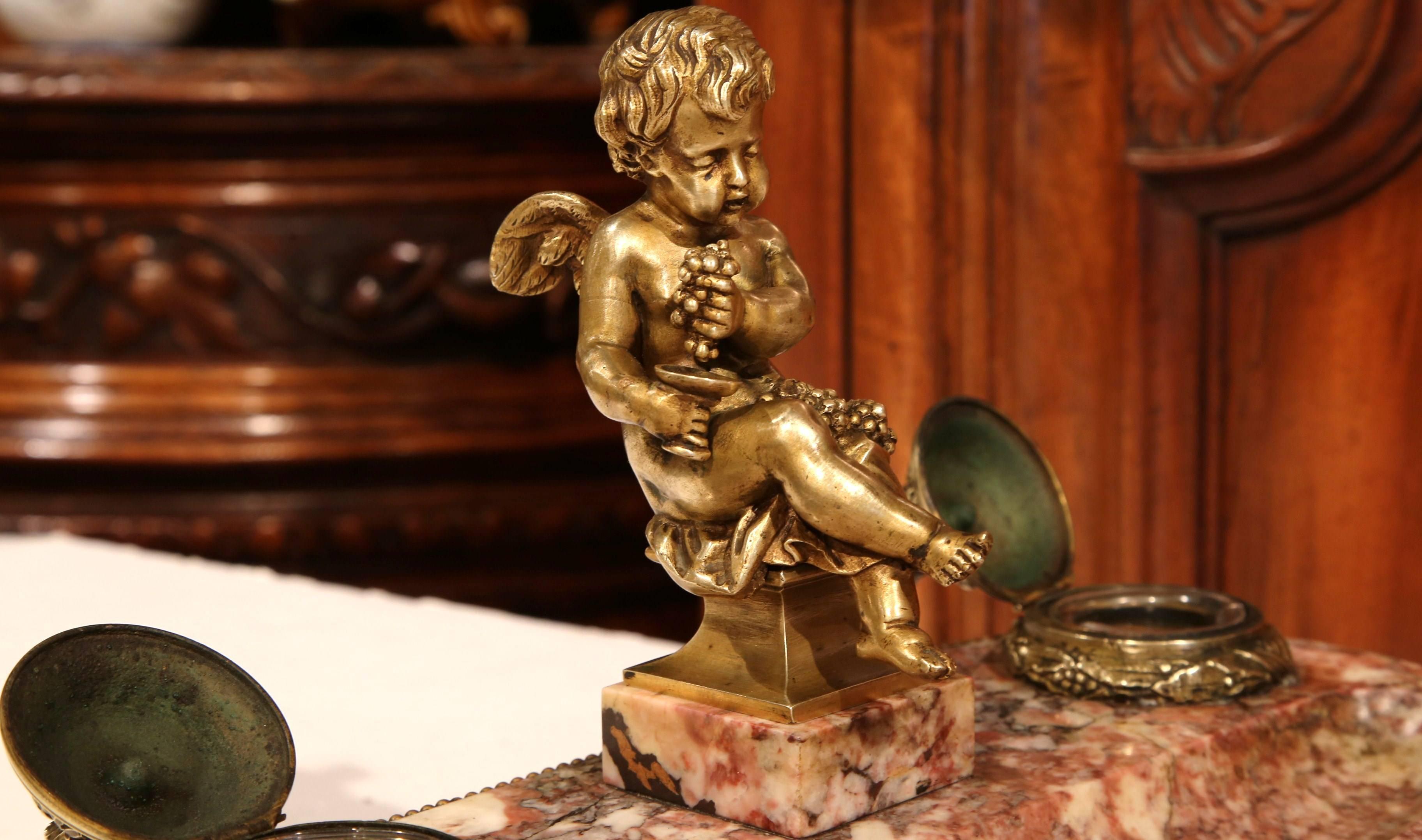 19th Century French Louis XVI Bronze and Marble Inkwell with Cherub 3