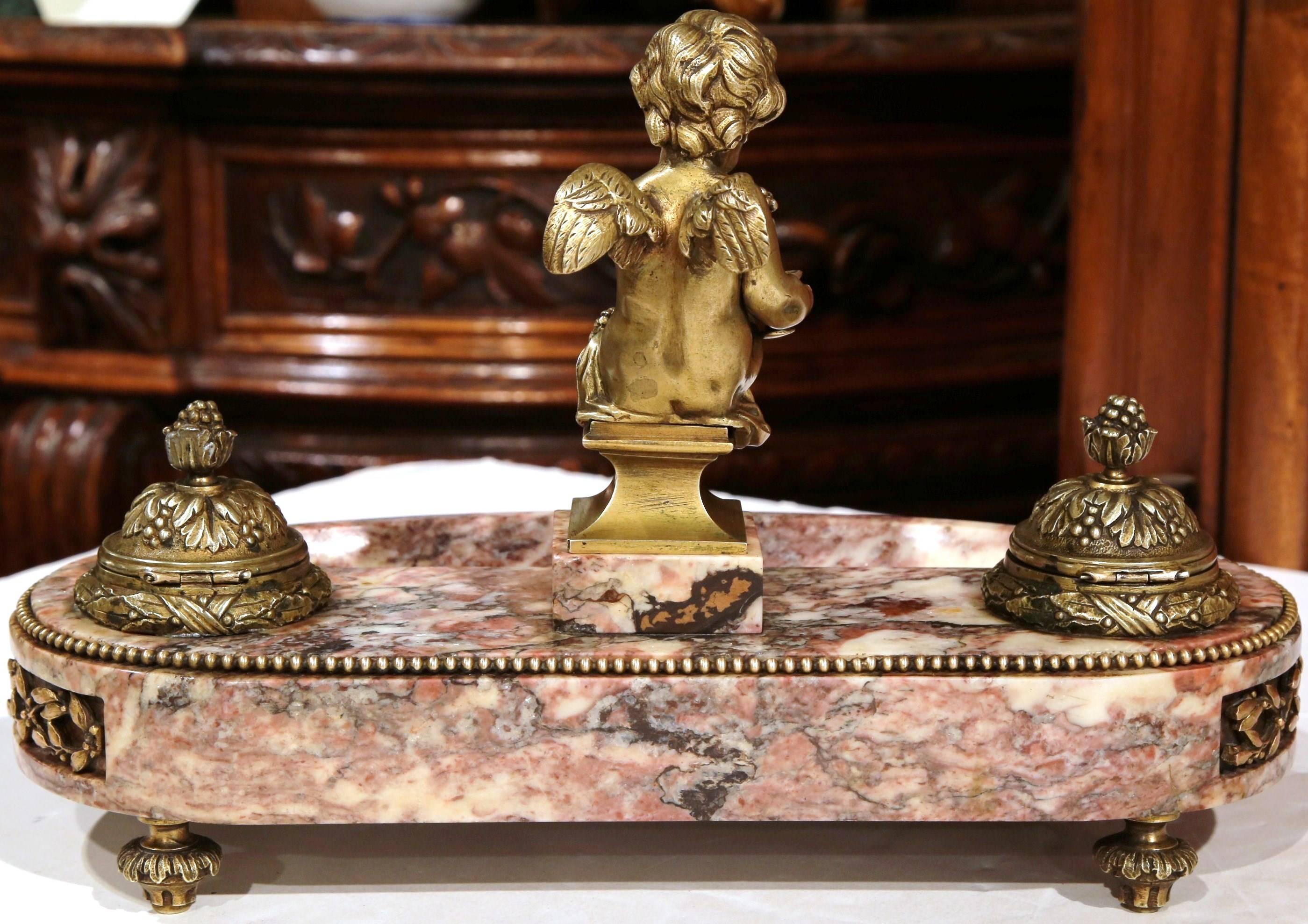 19th Century French Louis XVI Bronze and Marble Inkwell with Cherub 5