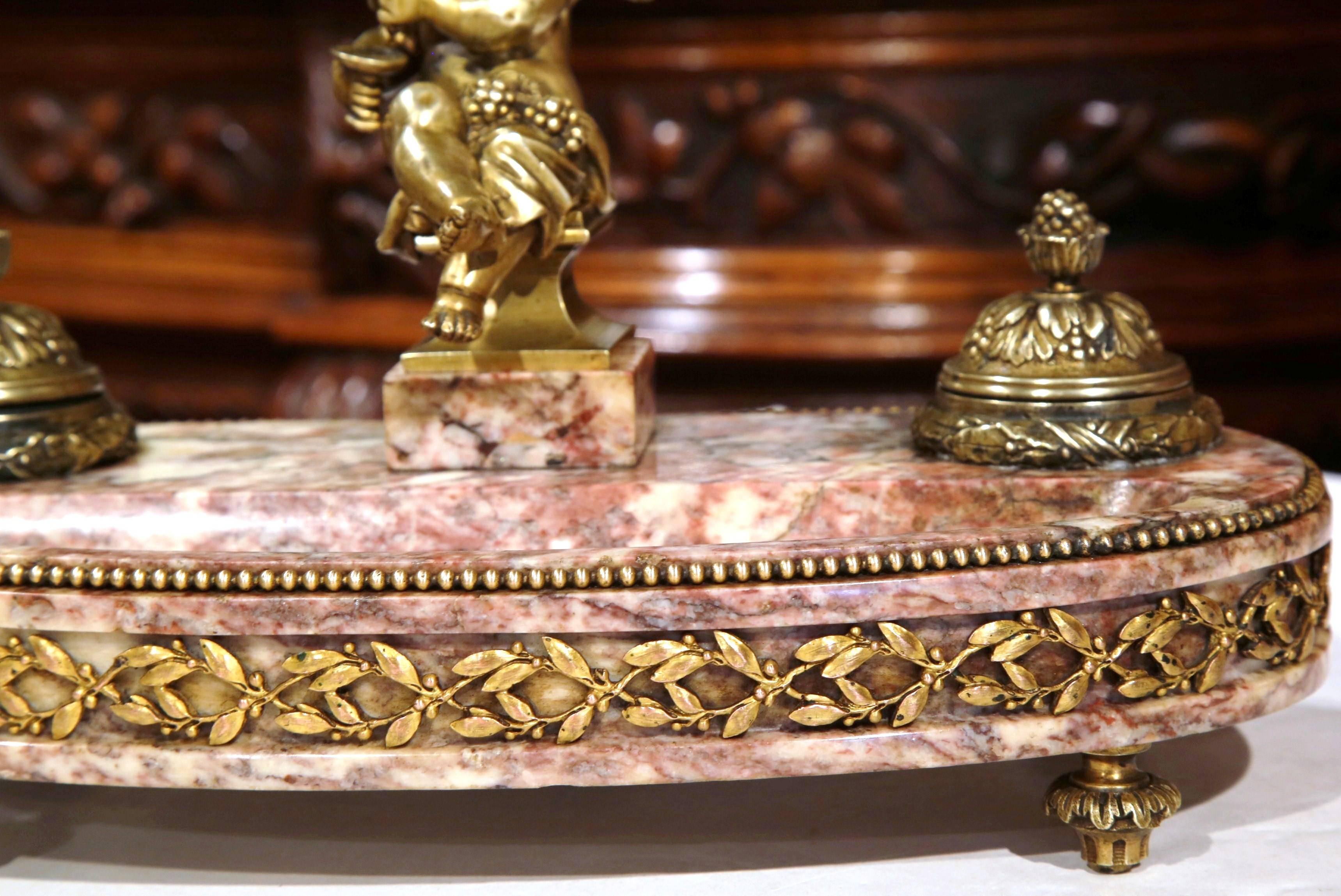 19th Century French Louis XVI Bronze and Marble Inkwell with Cherub In Excellent Condition In Dallas, TX