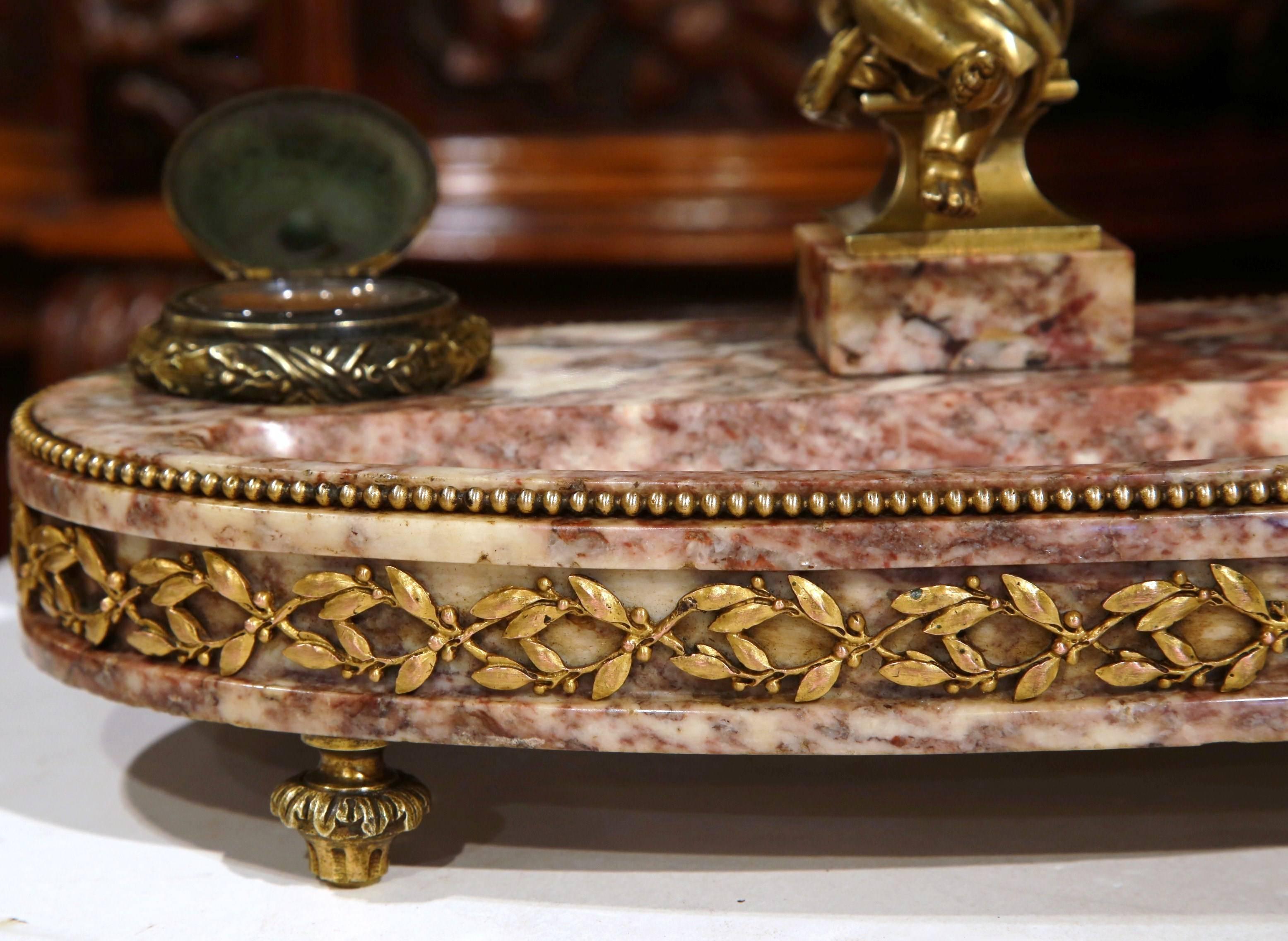 19th Century French Louis XVI Bronze and Marble Inkwell with Cherub 4