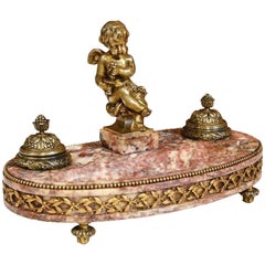 19th Century French Louis XVI Bronze and Marble Inkwell with Cherub