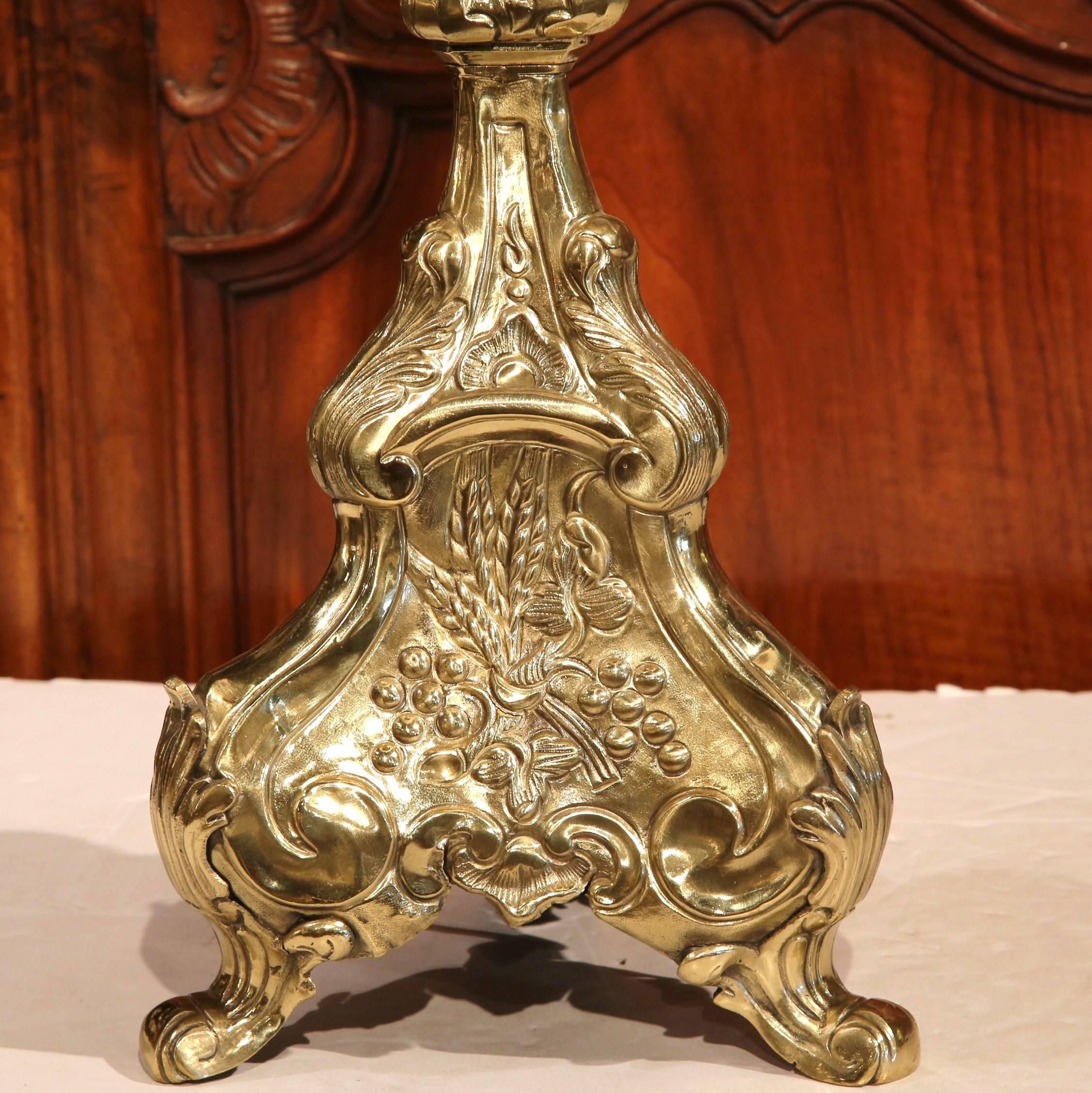 Rococo Pair of 19th Century, French Repousse Brass Candlesticks Mounted into Lamp Bases