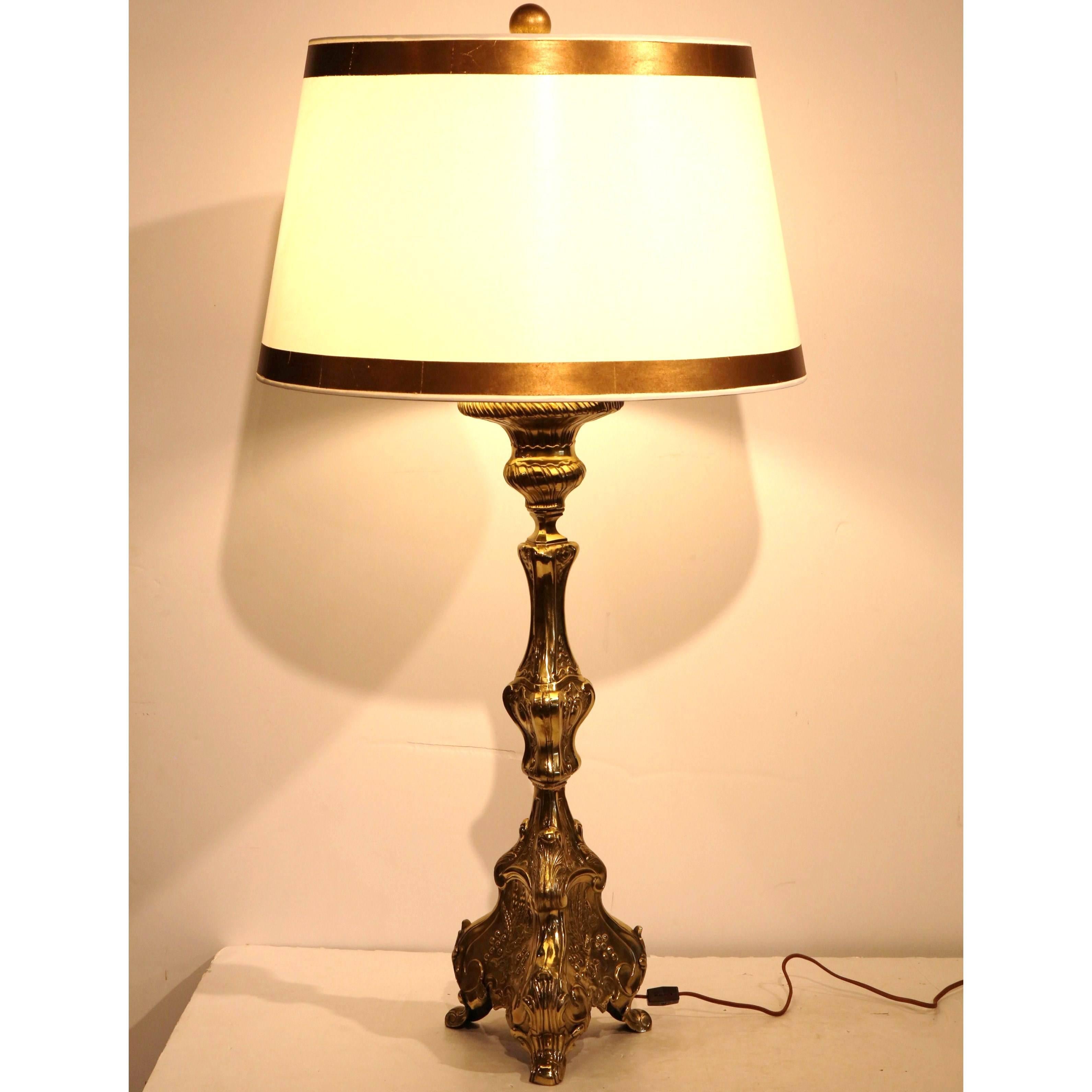 Pair of 19th Century, French Repousse Brass Candlesticks Mounted into Lamp Bases In Excellent Condition In Dallas, TX