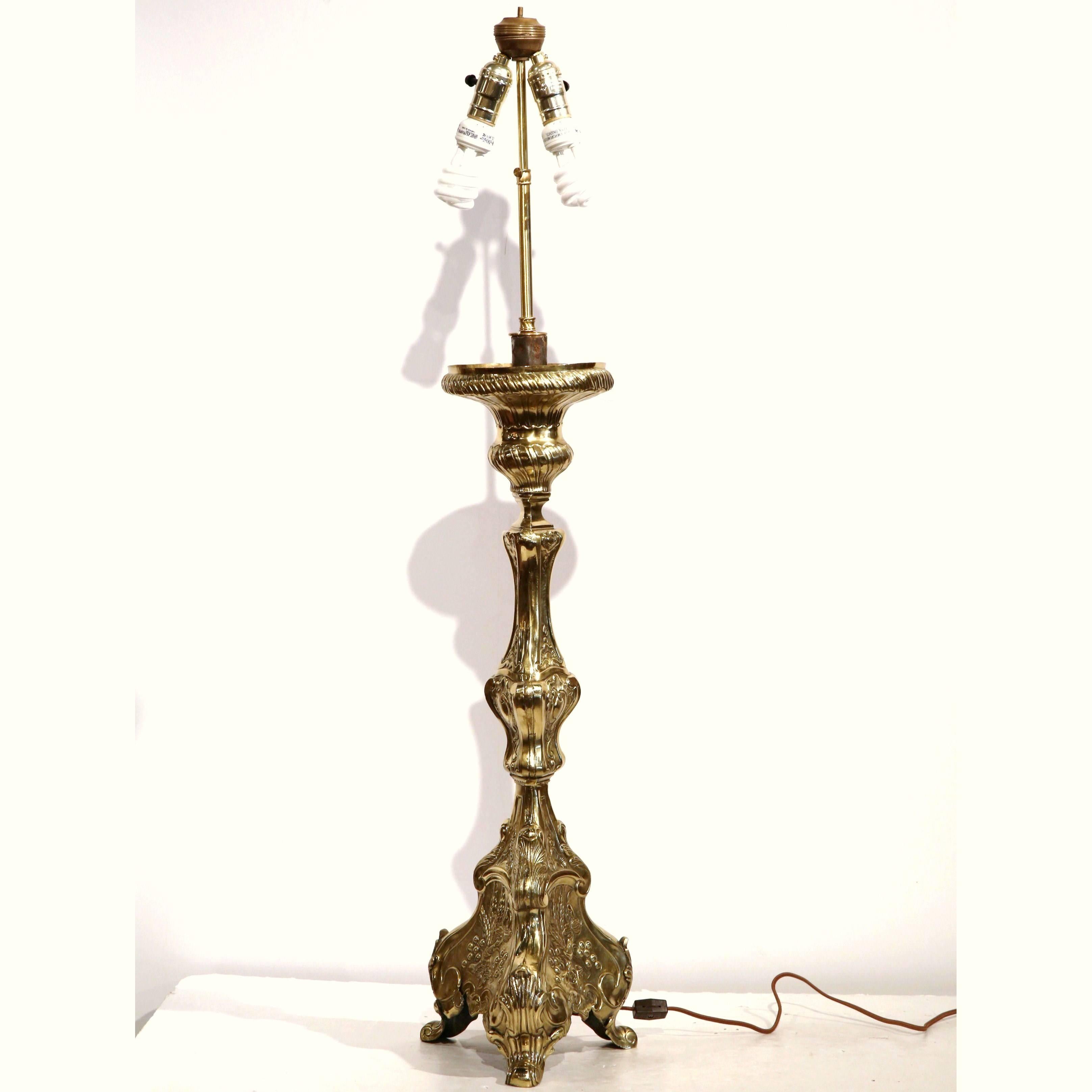 Pair of 19th Century, French Repousse Brass Candlesticks Mounted into Lamp Bases 1