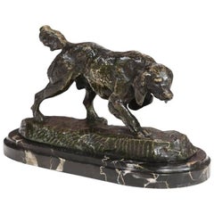 19th Century French Bronze Pointer Dog Sculpture on Marble Base Signed Barye