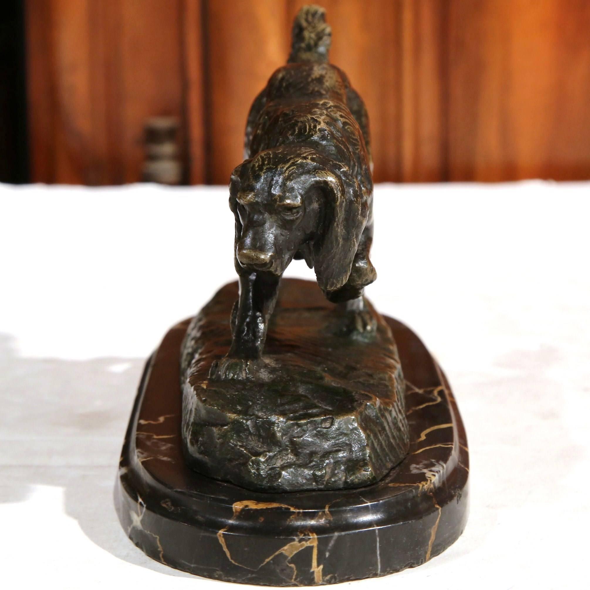 Hand-Crafted 19th Century French Bronze Pointer Dog Sculpture on Marble Base Signed Barye