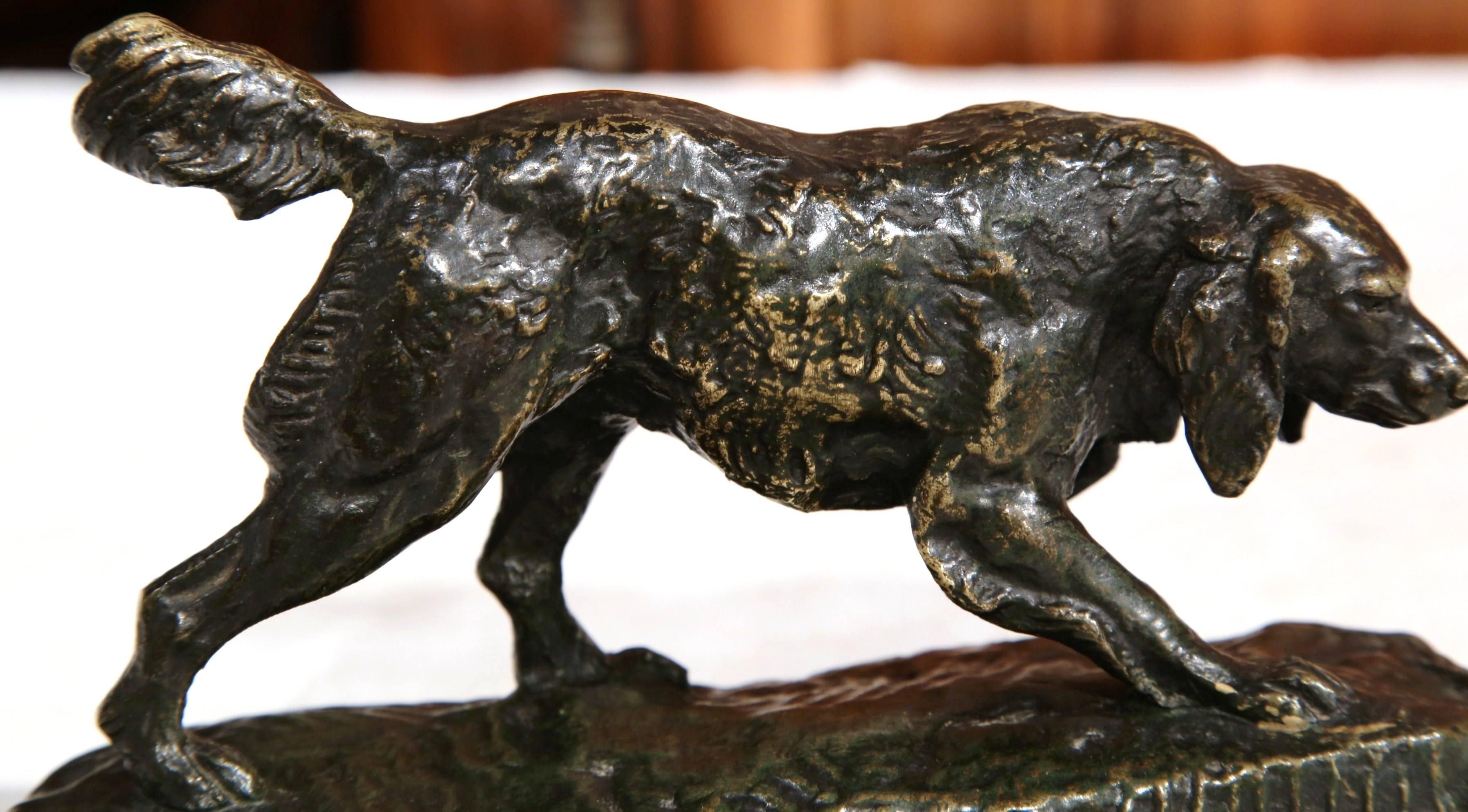 19th Century French Bronze Pointer Dog Sculpture on Marble Base Signed Barye In Excellent Condition In Dallas, TX