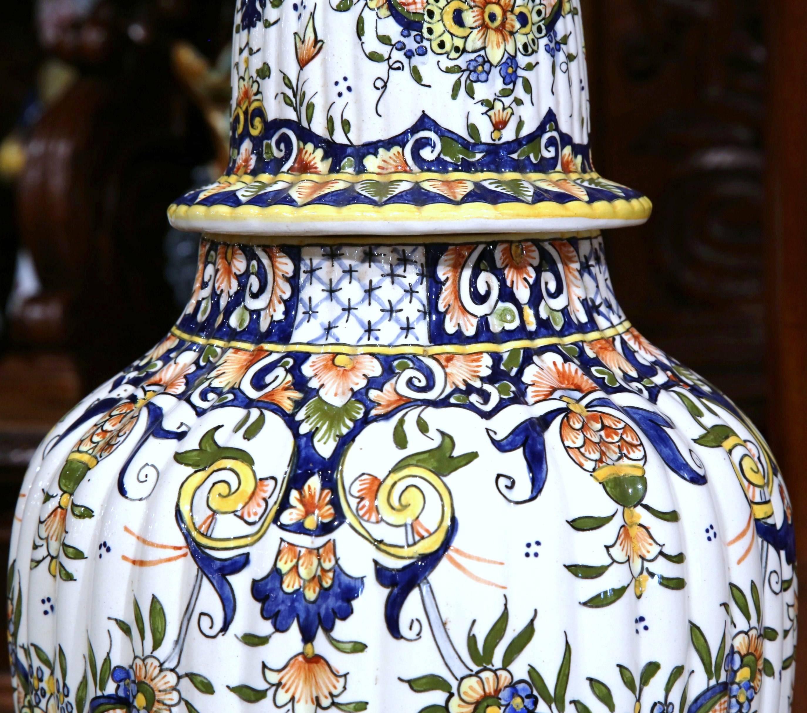 19th Century French Hand-Painted Floral Motifs Vase from Normandy, Dated 1882 In Excellent Condition In Dallas, TX