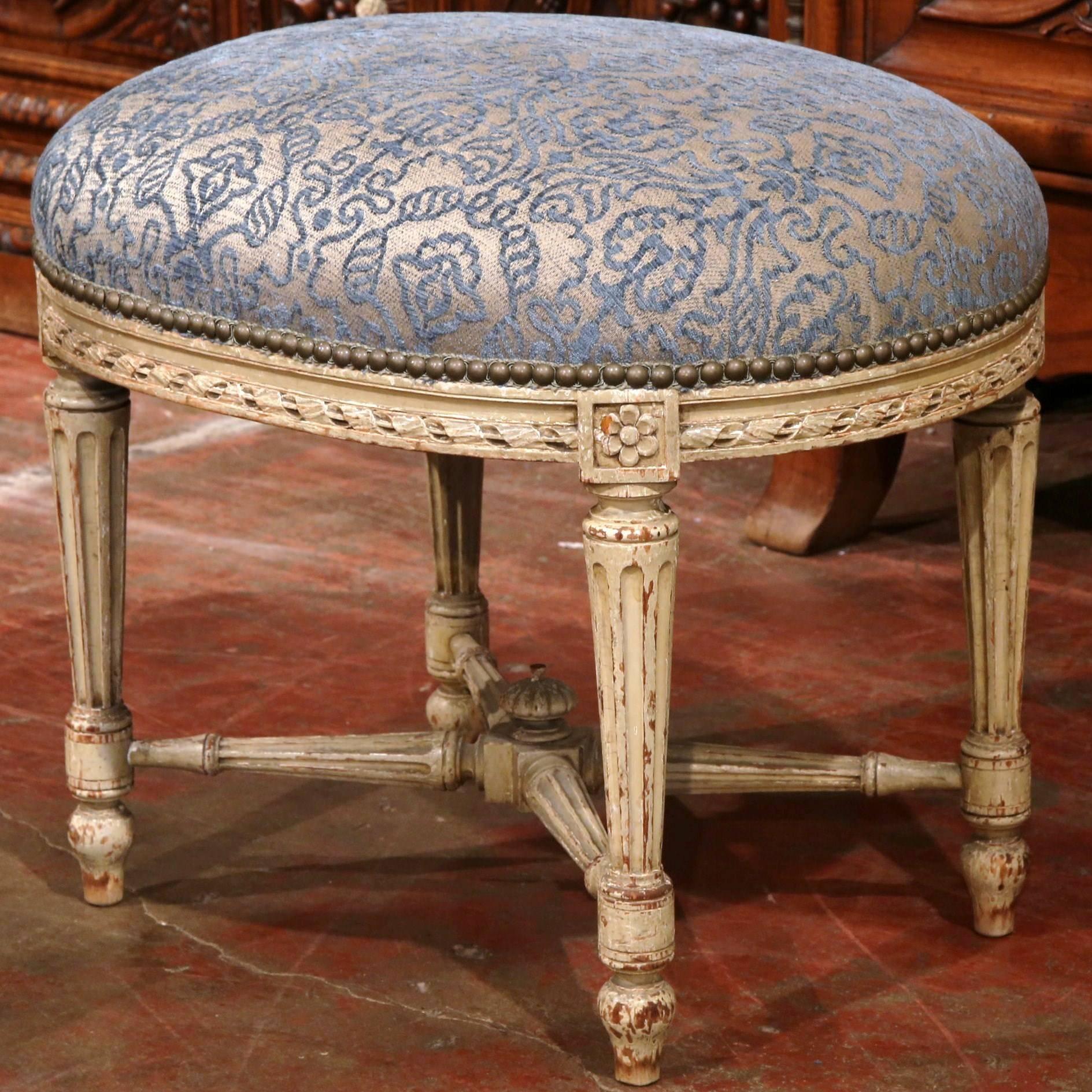 19th Century French Louis XVI Carved Painted Stool with Blue Cut Velvet Fabric 1