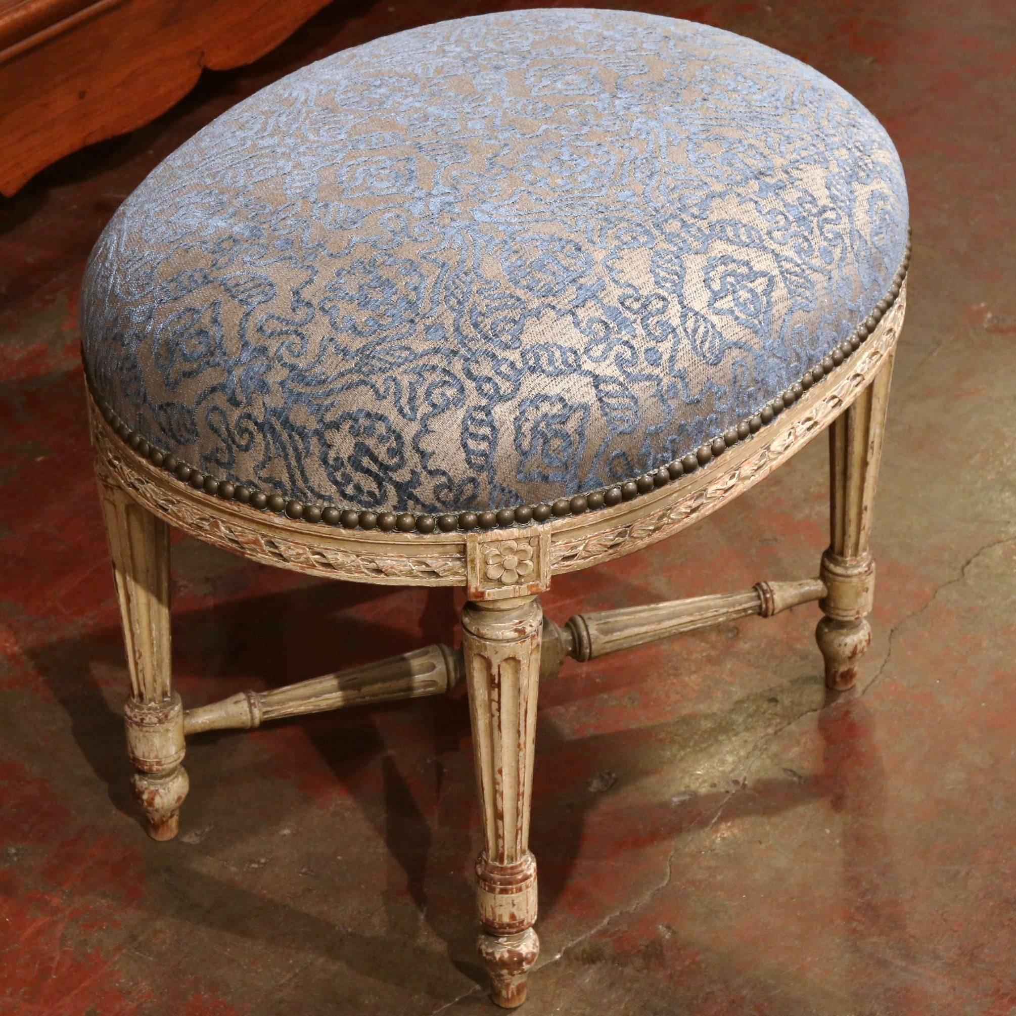19th Century French Louis XVI Carved Painted Stool with Blue Cut Velvet Fabric 2