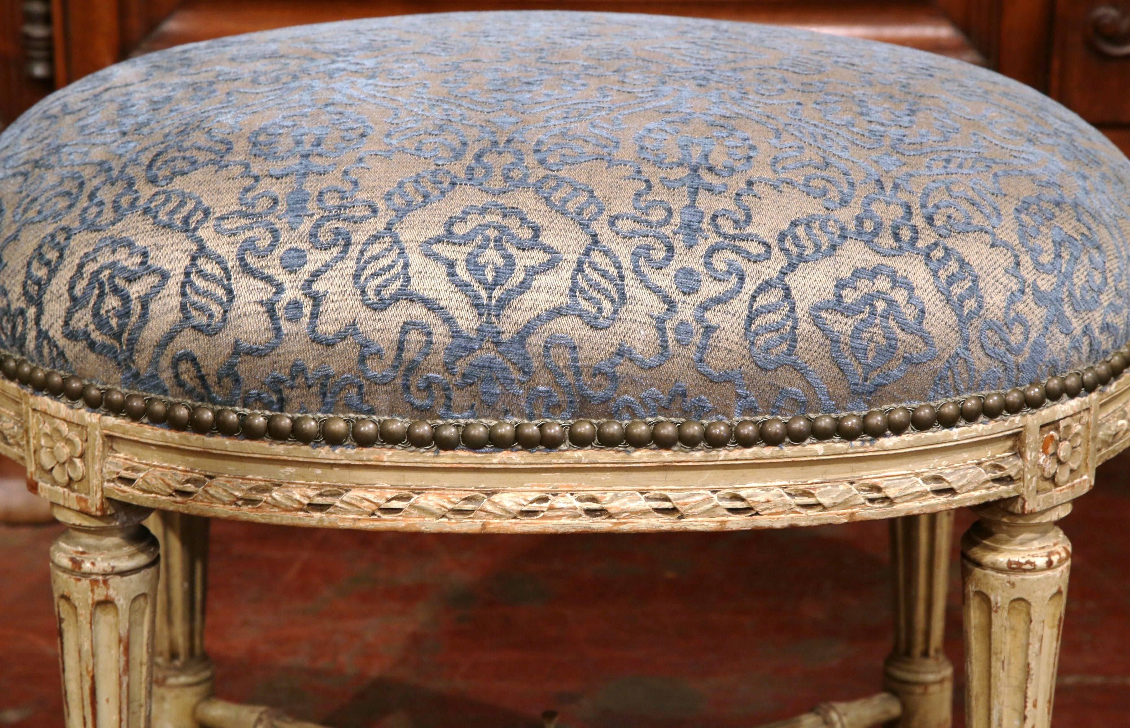 19th Century French Louis XVI Carved Painted Stool with Blue Cut Velvet Fabric In Excellent Condition In Dallas, TX