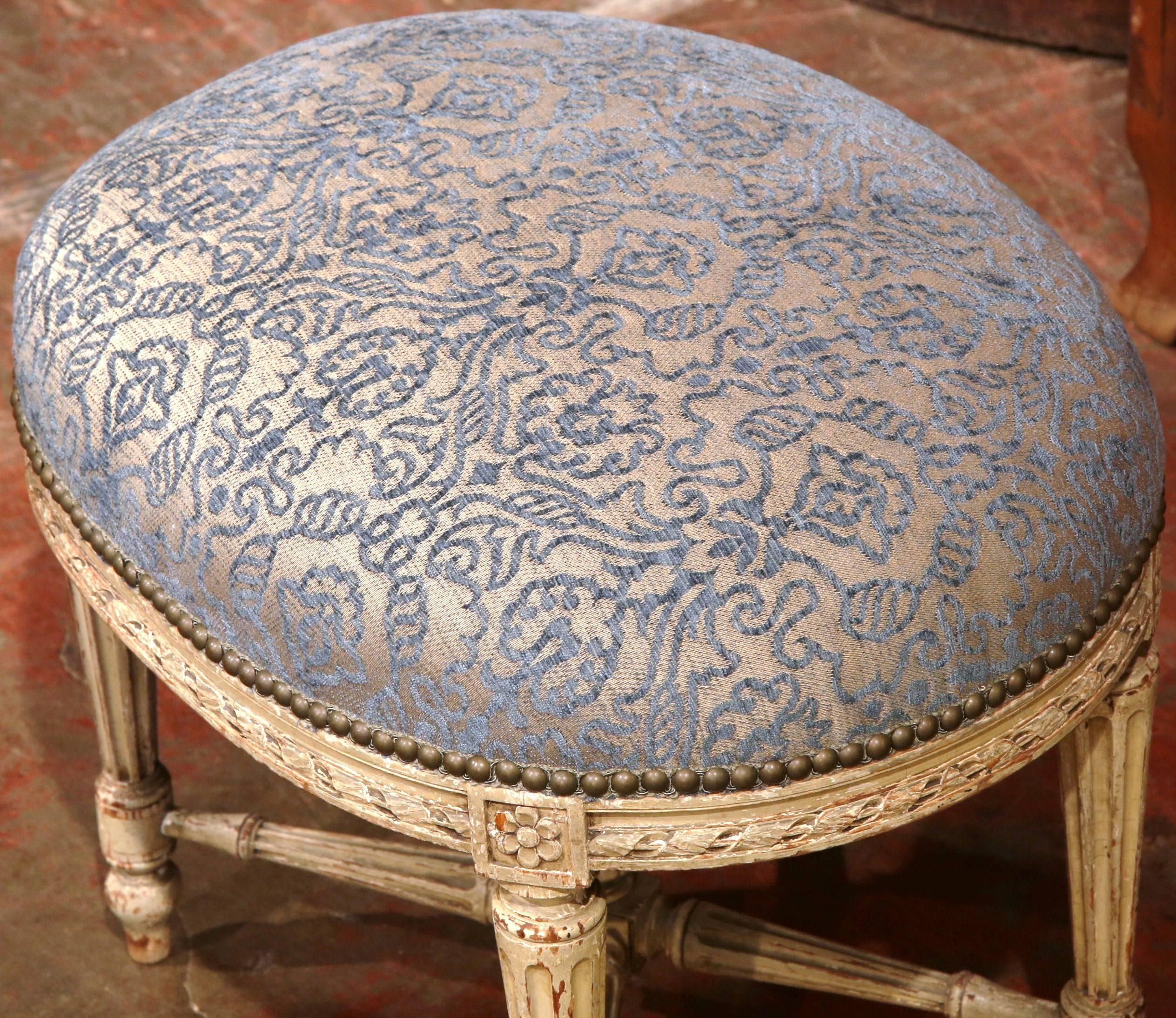 Hand-Carved 19th Century French Louis XVI Carved Painted Stool with Blue Cut Velvet Fabric